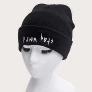 "Stay Weird" Black Cuffed Knit Beanie Hat